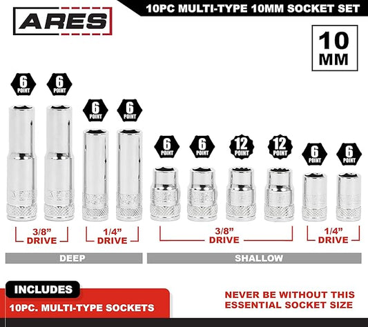 ARES 39020 ??10-Piece Multi-Type 10mm Socket Set ??Premium Chrome Vanadium Socket Set Includes Shallow and Deep Metric Sockets ??1/4-Inch and 3/8-Inch Drive Sockets with High Visibility Markings