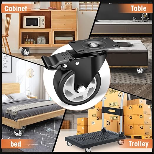 Casters, 4" Caster Wheels竊똂asters Set of 8 Heavy Duty - ASRINIEY Black Polyurethane Castors, Top Plate Swivel Wheels, 8-Pack Industrial Casters with Brake, Locking Casters for Furniture and Workbench
