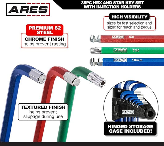 ARES 44035 ??35-Piece Long Arm Hex and Star Key Set ??Allen Wrench Set - SAE, Metric, and Torx Key Wrench Sizes - Chrome Finish with High Visibility Anti-Slip Coating - Storage Holders Included