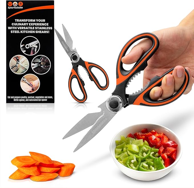 SpartaSake Kitchen Scissors All Purpose Heavy Duty -Stainless Steel Ultra Sharp kitchen shears for food- Cooking poultry Shears for kitchen (Black-Orange)