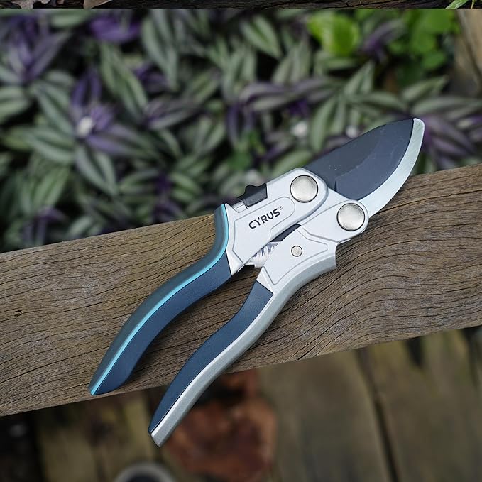 CYRUS Pruning Garden Shears with Ratchet labor-saving Lever, Carbon Steel Non-Stick Blade, Aluminum Handle & Safety Lock, Sharp Flower Scissors for Trimming Branches Up to 0.9 Inch