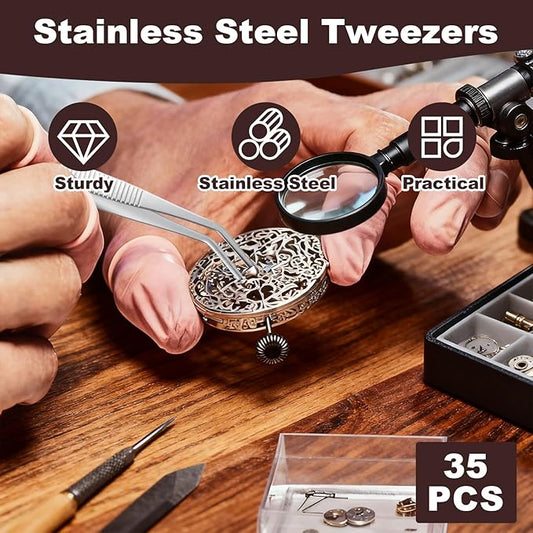 35 Pcs Stainless Steel Tweezers with Curved Serrated Tip, 6" Sewing Machine Tweezer Non-Slip High Precision Multipurpose Tweezer for Craft Sewing Repair Supplies, Silver