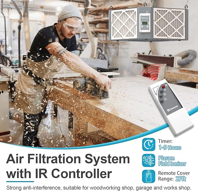 360째 Woodshop Air Filtration System Woodworking - 1050/1350 CFM, Built-in Ionizer, with Strong Vortex Fan, Shop Air Filtration for Garage, Works Shop, Dust Collectors System, Gray, KMF12D Pro