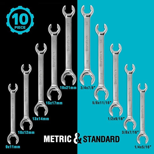 DURATECH Flare Nut Wrench Set, Standard & Metric, 10-Piece, 1/4" to 7/8'' & 9-21mm, CR-V Steel, Organizer Pouch Included