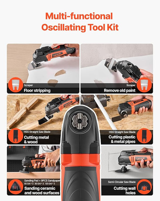 VEVOR Oscillating Tool Multitool, 4Amps Electric Oscillating Multi Tool Corded with 6 Variable Speeds 7000-19000 OPM, 3.2째 Oscillating Angle, 13PCS Saw Accessories, LED Work Light & Tool Bag