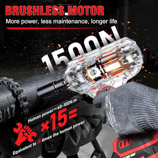 1500N.m (1100ft-lbs) Cordless Impact Wrench, 1/2 High Torque Brushless Impact Drill with 3500RPM Power, 2 x 4.0Ah Batteries, Fast Charger, Variable Speeds for Car/Truck RV/Mower (Red)
