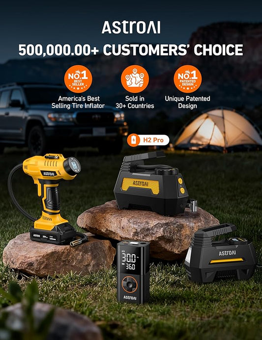 AstroAI H2 Pro Tire Inflator Portable Air Compressor Fully Upgraded Air Pump with DC 12V/Battery Dual Power Supplies Digital Pressure Gauge Fast Inflation Pump for Cars Motorcycles Bikes Gift Yellow