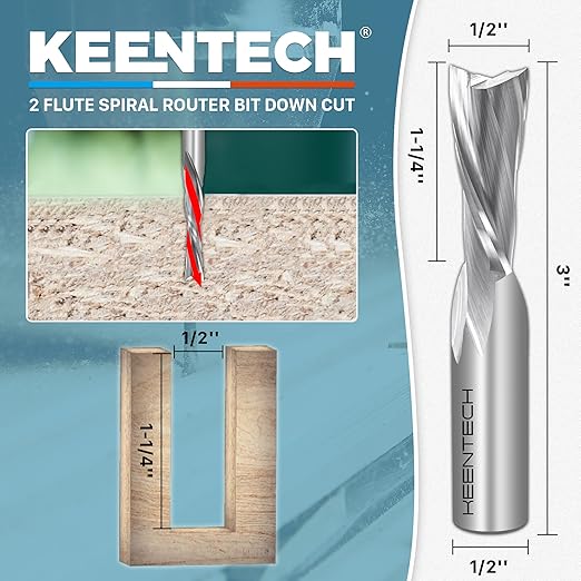 KEENTECH 1/2" Shank Downcut 2 Flute Flat Tip Sprial Router Bit for CNC Router Machine, 1/2" Cutting Diameter, 1-1/4" Cutting Depth, for Wood Cutting, Custom Furniture, Slot Mortise, Engraving