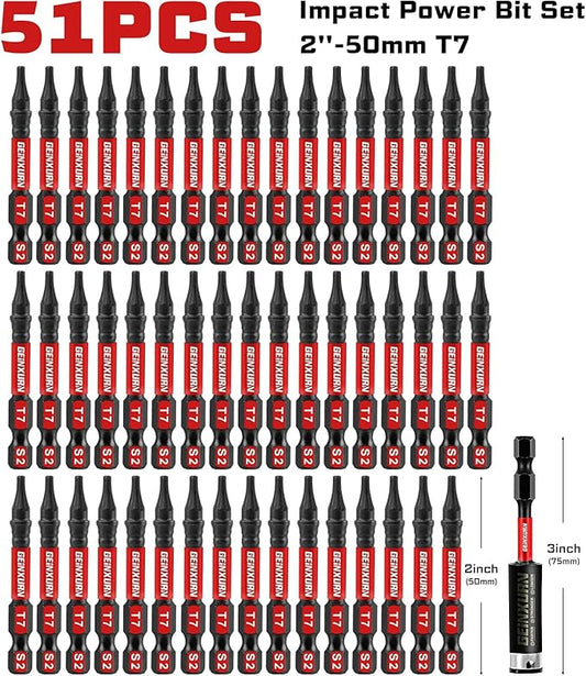 51 Pieces T7 Impact Tough Magnetic Screwdriver Bit Set, 2 In. #7 Torx Head Power Bit Set, S2 Alloy Steel T7 Star Bit with 1Pc Impact Bit Holder
