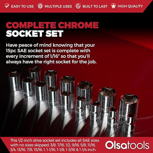 Olsa Tools SAE Shallow Socket Set - 1/2-Inch Drive, 18pc - 6-Point Chrome Sockets 3/8" to 1-1/4" and No Skipped Sizes - Mechanic Shallow SAE Socket Set - Professional Grade Sockets - Part: 1324