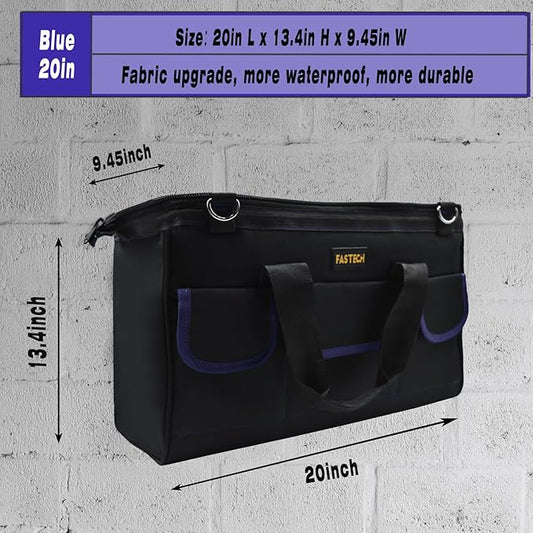 FASTECH 20 Inch Tool Bag, Waterproof Wide Mouth Tool Kit, Heavy Duty Tool Bag Organizer With Shoulder Straps, Tool Storage Package For Men/Women (20IN DarkBlue)