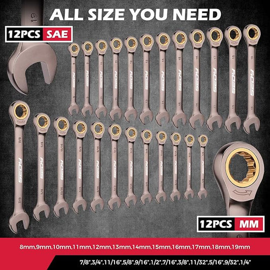 Premium 24-Piece Ratchet Wrenches Set with Magnetic Organizer, SAE 1/4"-7/8" & Metric 8mm-19mm, Cr-V Steel Ratcheting Wrench Set, Ratchet Combination Wrench Set for Automotive, Machine Repair