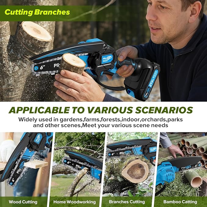 Mini Chainsaw, 6 Inch Mini Chainsaw cordless,21V with 2 Battery Powered Portable Handheld Small Chain Saw Use for Wood Cutting, Tree Trimming Handheld Saw, Home and Garden Tool (Bluce)