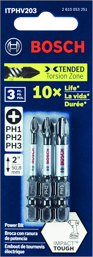 BOSCH ITPHV203 3-Piece 2 In. Phillips Impact Tough Screwdriving Power Bits Assorted Set