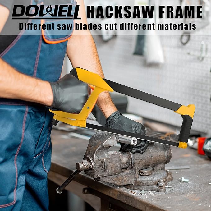 DOWELL Hand Saw 12-inch Hacksaw Frame Heavy Duty Adjustable 45/90 Angle Hacksaw with 5 Replaceable Saw Blades Inside the Frame for Steel Pipe Cutting PVC Carpentry Woodworking HY041101