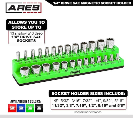 ARES 60005-26-Piece 1/4 in SAE Magnetic Socket Organizer -GREEN -Holds 13 Standard (Shallow) and 13 Deep Sockets -Perfect for your Tool Box -Also Available in RED