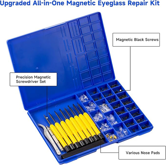 Upgrade Version All-in-One Magnetic Glasses Repair Kit with Black Screw, Eyeglass Repair Tools Kit with Precision Screwdriver Sets, Nose Pads, Tweezer