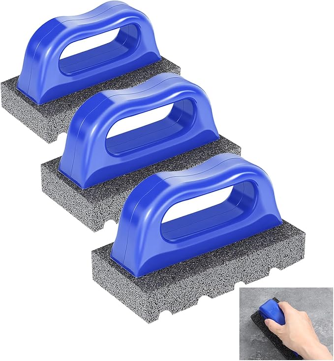 3 Pcs Rub Brick with Handle, Fluted 20-Grit Carbofrax Surface Concrete Tools Masonry Tools Smoothing Cleaning Removing Marks Tool (Blue)
