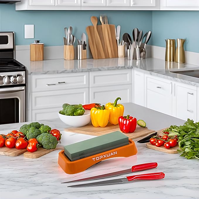 Knife Sharpening Stone 2 Sided 240/800 Grit Sharpener Waterstone,Professional Kitchen Whetstone with Orange Plastic Base,Non-slip Rubber and Angle Guide