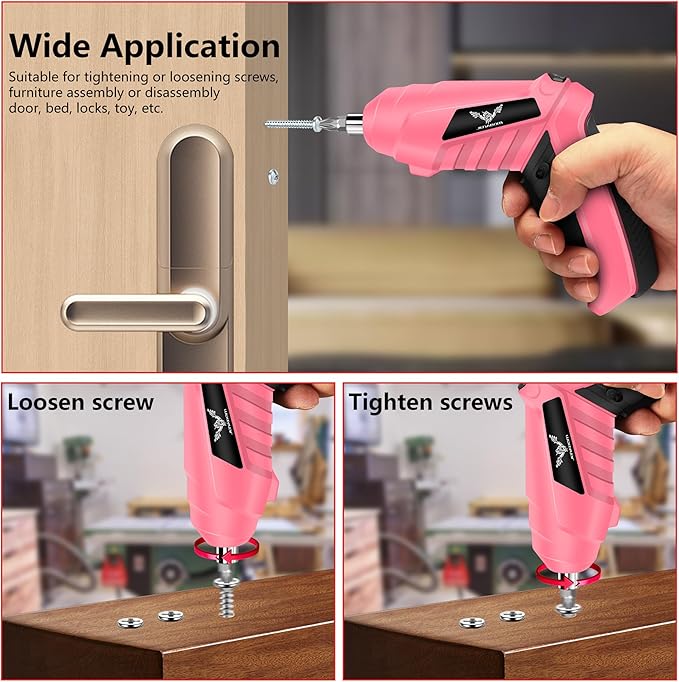 Cordless Electric Screwdriver Set 3.6V Rechargeable Small Power Drill, 3Nm Screw Gun with 2 Position Handle, LED Light, 14 in 1 Driver Bit Set, Pink & Black