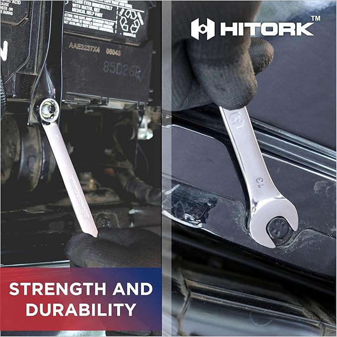 HITORK 32 Piece Wrench Set SAE & Metric 20 Standard & 12 Stubby Combination Wrenches Cr-V Steel 12-Point Mirror Finish 15째 Offset with Organizer Tray Ideal for Auto & Home Repair