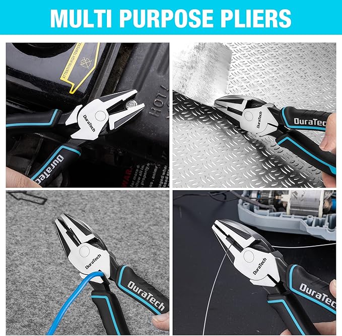DURATECH 8" High Leverage Linemans Pliers, Cr-Ni Side Cutters, Linesman Pliers for Wire Cutting, Crimping