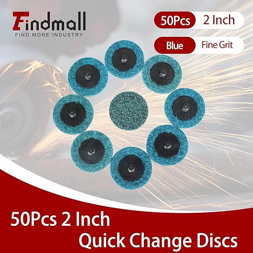 findmall 50Pcs 2 Inch Blue Quick Change Surface Prep Conditioning Discs, Fine Grit for Cleaning, Finishing and Deburring on Metals