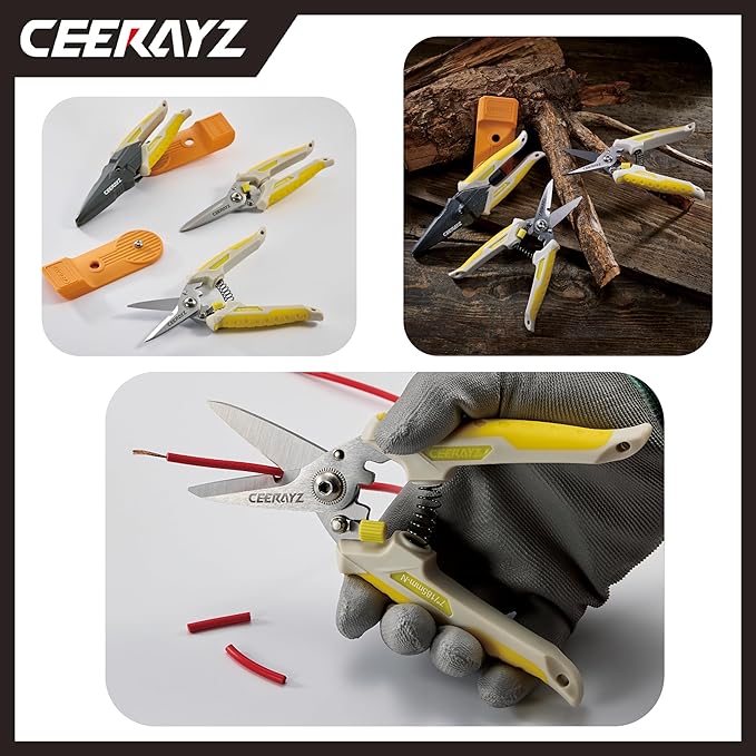 7" Scissors All Purpose, Heavy Duty, Multipurpose, for DIY Projects, Office, Production Lines, Pruning, with Protective Sheath (Brown/Yellow)