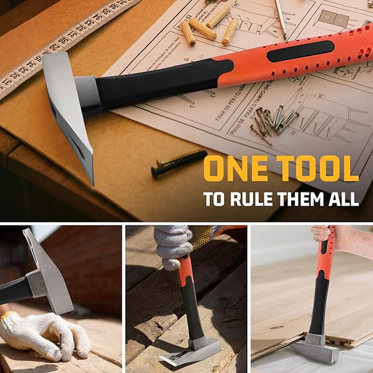 Pry Bar Hammer with Nail Puller - 12.5 Inch 18oz Demolition Tool for Trim, Tile, Baseboard Removal | Smooth Surface Shock-Absorbing Hand Tools