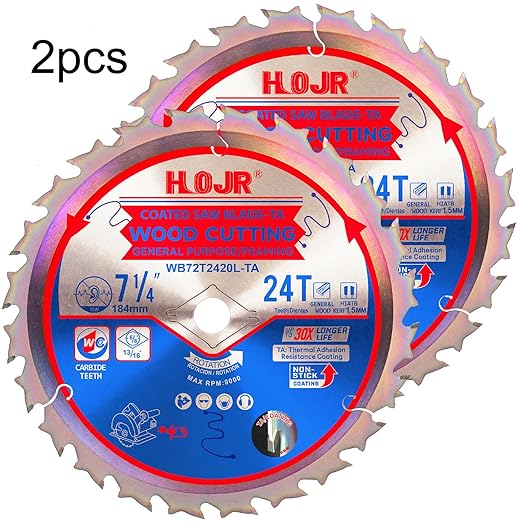 2-Pack 7-1/4" 24-Tooth 5/8" Woodworking Circular Saw Blade,Framing/General Purpose Wood Cutting,Special Anti-Thermal Adhesion Coating on Cutting Edge-TA,High Finish,Long Life, 7-1/4" 24T 5/8"