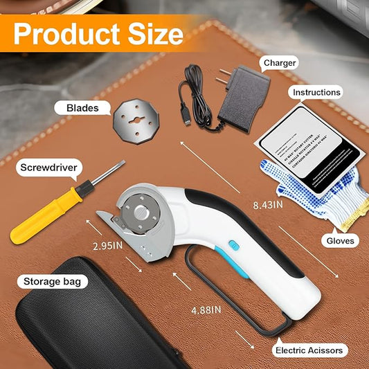 Cordless Electric Scissors Rechargeable with 2-Blade & Storage Bag, Powerful Rotary Cardboard Box Cutter 3.7V 2000mAh for Cloth Carpet Plastic Leather, Charging Cable(White)