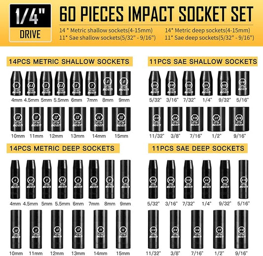 BOEN 1/4" Drive Impact Socket Set, 60-Piece Standard SAE (5/32"-9/16") & Metric (4-15mm), Cr-Mo Deep & Shallow Kit, Includes Ratchet Handle,E-torx sockets, Reducer, Extension Bar, Universal Joint