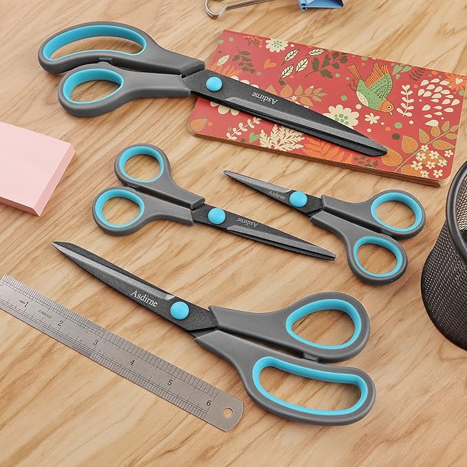 Scissors, Teflon Coating All Purpose Scissors, Non-Stick Stainless Steel Blades, Ergonomic Semi-Soft Rubber Grip, Great for Craft, Office, School, Set of 4, 10"/8.5"/6"/5", Blue&Gray
