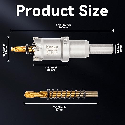 Hole Saw 15/16" (24mm) Heavy Duty Carbide with 2 Pilot Drill Bits - Metal Hole Cutter Cuts Stainless Steel, Iron, Copper, Brass, Plastic