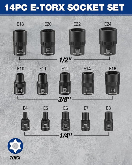 WORKPRO 17 PCS E-Torx Socket Set, Premium CR-V Female Star Sockets E4?밇24, 1/4", 3/8", 1/2" Drive, Precision Inverted Torx Socket with Storage Case for Auto, Engine, and Mechanical Repair