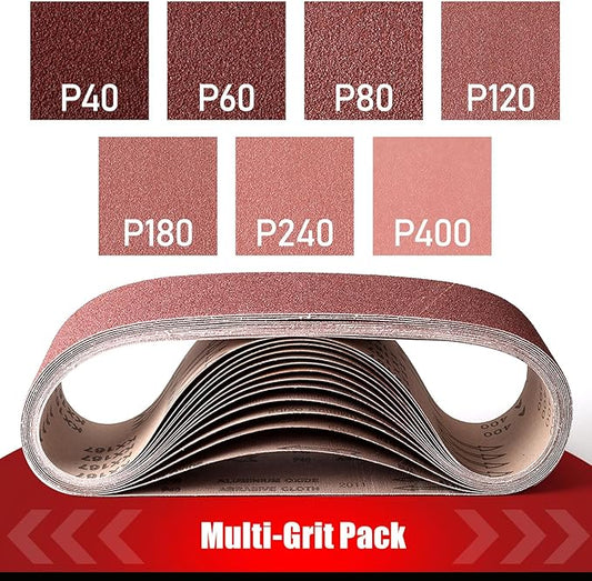 3횞18 Inch Belt Sander Sanding Belt, 21 Pack Belt Sander Paper 40/60/80/120/180/240/400 Grits Assortment Aluminum Oxide Sanding Belts for Belt Sander Knife Sharpening Wood Metal Polishing