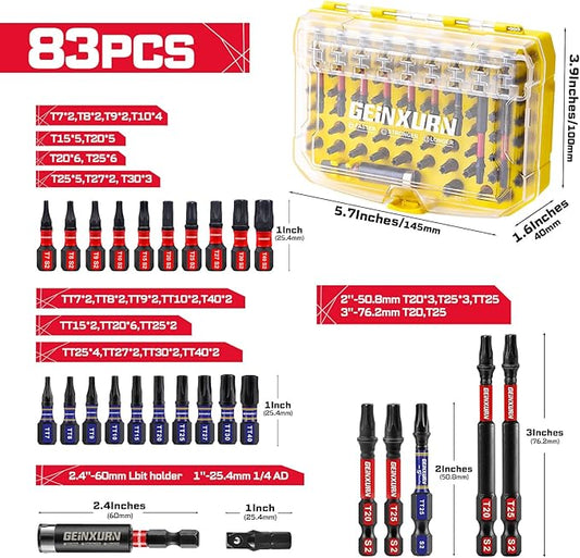 83Pieces Impact Screwdriver Bits Set, Magnetic S2 Steel Torx/Security Torx Insert Power Bits Tips Set with Impact Bit Holder and 1/4?쒾ocket Adapter (Yellow Storage Box Case)