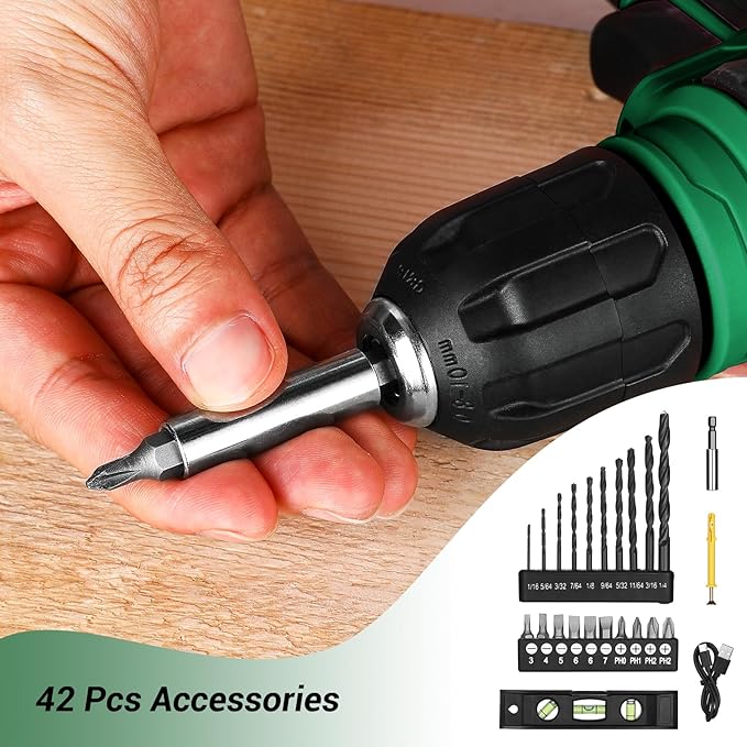 DEKOPRO 8V Cordless Drill, Drill Set with 3/8"Keyless Chuck, 42pcs Acessories, Built-in LED, Type-C Charge Cable, Green Power Drill for Drilling and Tightening/Loosening Screws