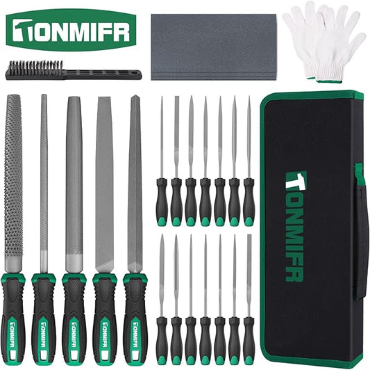 Professional Metal File Set 34Pcs Industrial Grade High Carbon Steel,5 Shapes (Flat/Half Round/Round/Triangle/Square) for Hardened Steel, Metalworking Tools with Storage Case,14 Needle Files