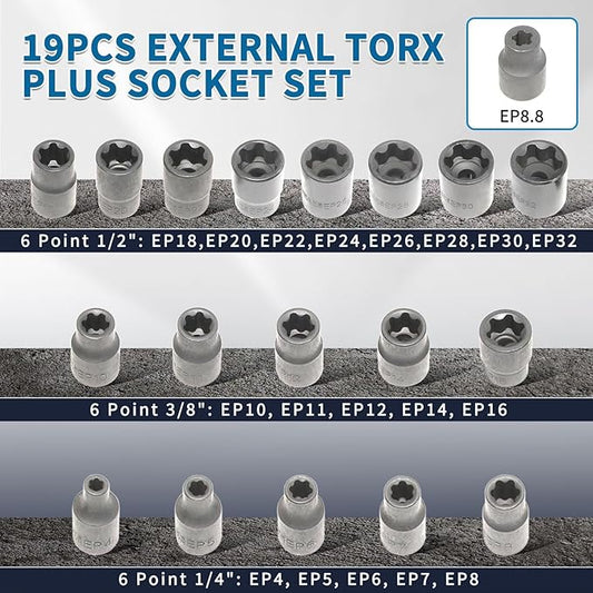 External Torx Plus Socket Set 6 Point EP Socket EP4, EP5, EP6, EP7, EP8, EP10, EP11, EP12, EP14, EP16, EP18, EP20, EP22, EP24, EP26, EP28, EP30, EP32 with 1/2'' 3/8'' 1/4'' Dr E-Torx Plus Sockets 19pc