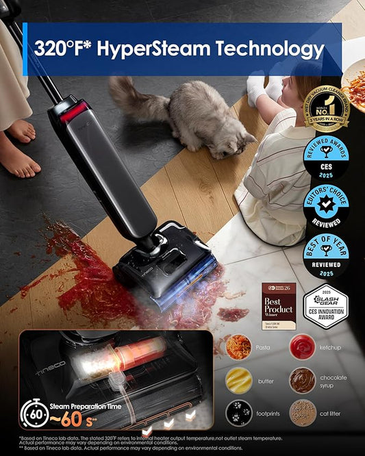 Tineco Floor One S9 Artist Steam Wet Dry Vacuum Cleaner, High-Temp Steam Cleaning, 22kPa Suction, 360째 SmoothDrive, Anti-Tangle Design, 185째F Flashdry, Long Runtime, 180째 Lay-Flat