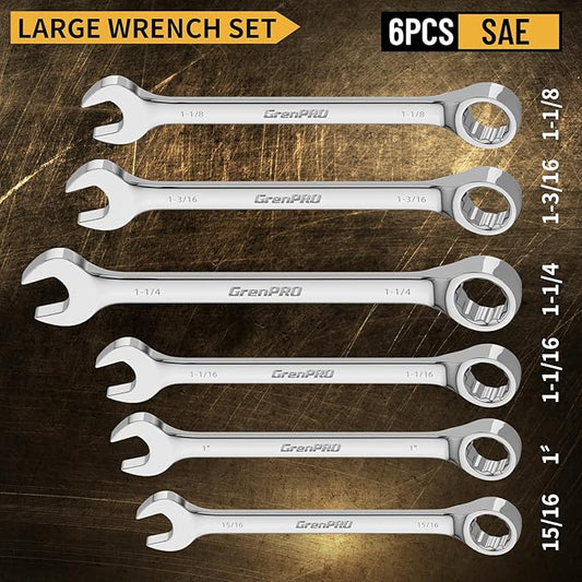 GRENPRO SAE Wrench Set, Large Wrench Set, 7-Piece 15/16", 1", 1-1/16", 1-1/8", 1-3/16", 1-1/4" Long Big Open End Wrench Tools Set Roll Up Pouch Organizer with Gauge, 12 Point Combination Wrenches Sets