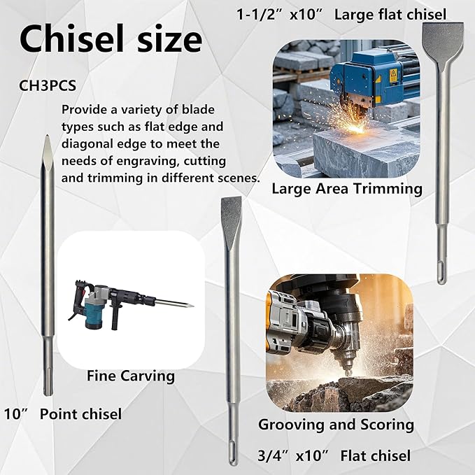 Direko Chisel Set with SDS Plus Shanks, 3 PCS Masonry Concrete Drill Bit Set, Rotary Hammer Drill Chises Home Improvement Tools Kits for Concrete Stone Tile Floor Removal Home Improvement