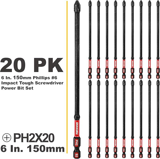 Impact Tough #2 Phillips 6 in. D2 Steel Long Extension Insert Driver Bits,20Pack 1/4 Inch Hex Shank Long Cross Magnetic PH2 Screwdriver Bits Set