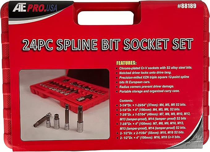 ATE Pro. USA - 24pc Long Spline & Short Spline Bit Socket Set S2 Steel XZN Triple Square 12-PT, European Style M4 - M18 Set