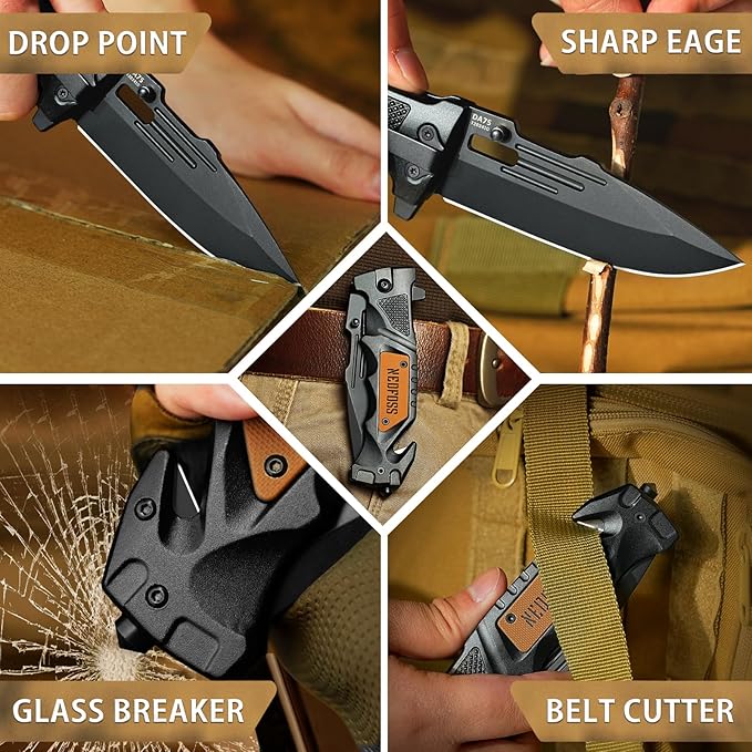 NedFoss Pocket Folding Knife DA75, 3 in 1 Pocket Knife for Men, Survival Knife with Liner-Lock Belt Clip, Seat Belt Cutter, Glass Breaker, Hunting knife for Camping Hiking