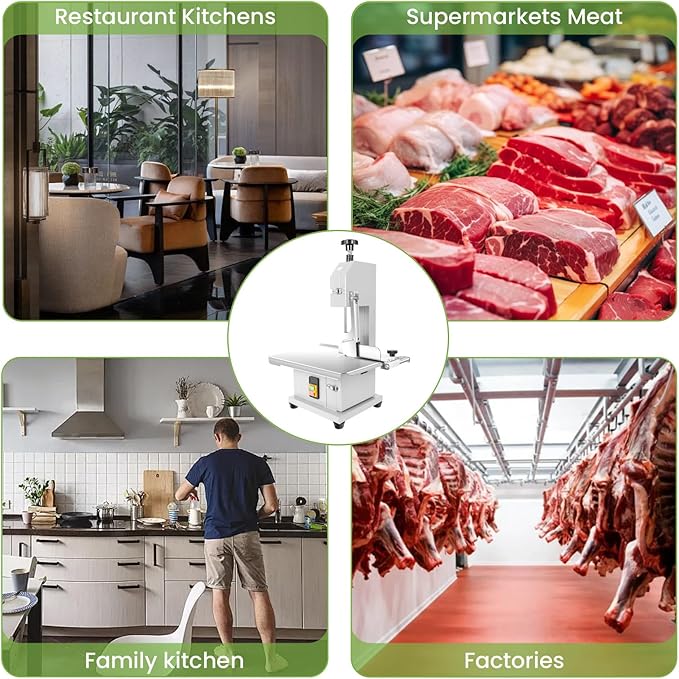 Commercial Electric Meat Bandsaw, 1500W Bone Meat Cutter Machine, Stainless Steel Workbench 19" x 14", 0.04-7.8 In Cutting Thickness, Frozen Meat Cutter with 8 Blades for Rib Pork Beef