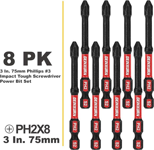 Impact Tough #2 Phillips 3 in. D2 Steel Long Extension Insert Driver Bits,8Pack 1/4 Inch Hex Shank Long Cross Magnetic PH2 Screwdriver Bits Set