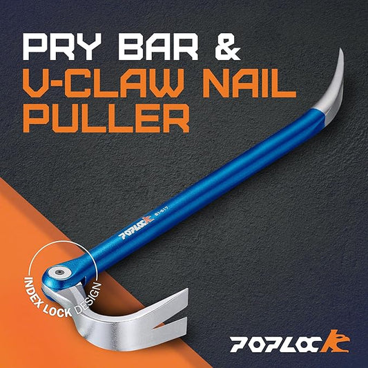 POPLOCK 17-Inch Indexing Nail Puller & Flat Pry Bar | V-Claw Cat?셲 Paw, 11 Locking Angles, Cr-V/Cr-Mo Alloy Steel, Non-Slip Handle for Roofing, Framing & Woodworking