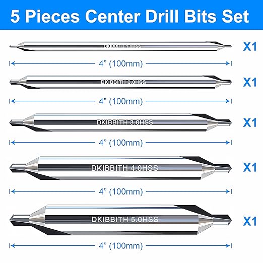 DKIBBITH 5pc Long Center Drill Bit Set, M2 HSS 60-Degree Angle 4'' Overall Length Center Drill Bits Kit, Countersink Tools for Metalworking Lathe Milling and Countersinking, Size 1.0 2.0 3.0 4.0 5.0
